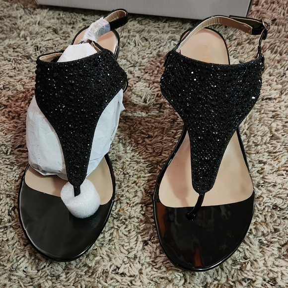 Thong Wedge Sandals Black Sequins Wedge - Picture 2 of 6